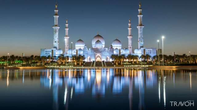 Exterior night time view of the Sheikh Zayed Grand Mosque