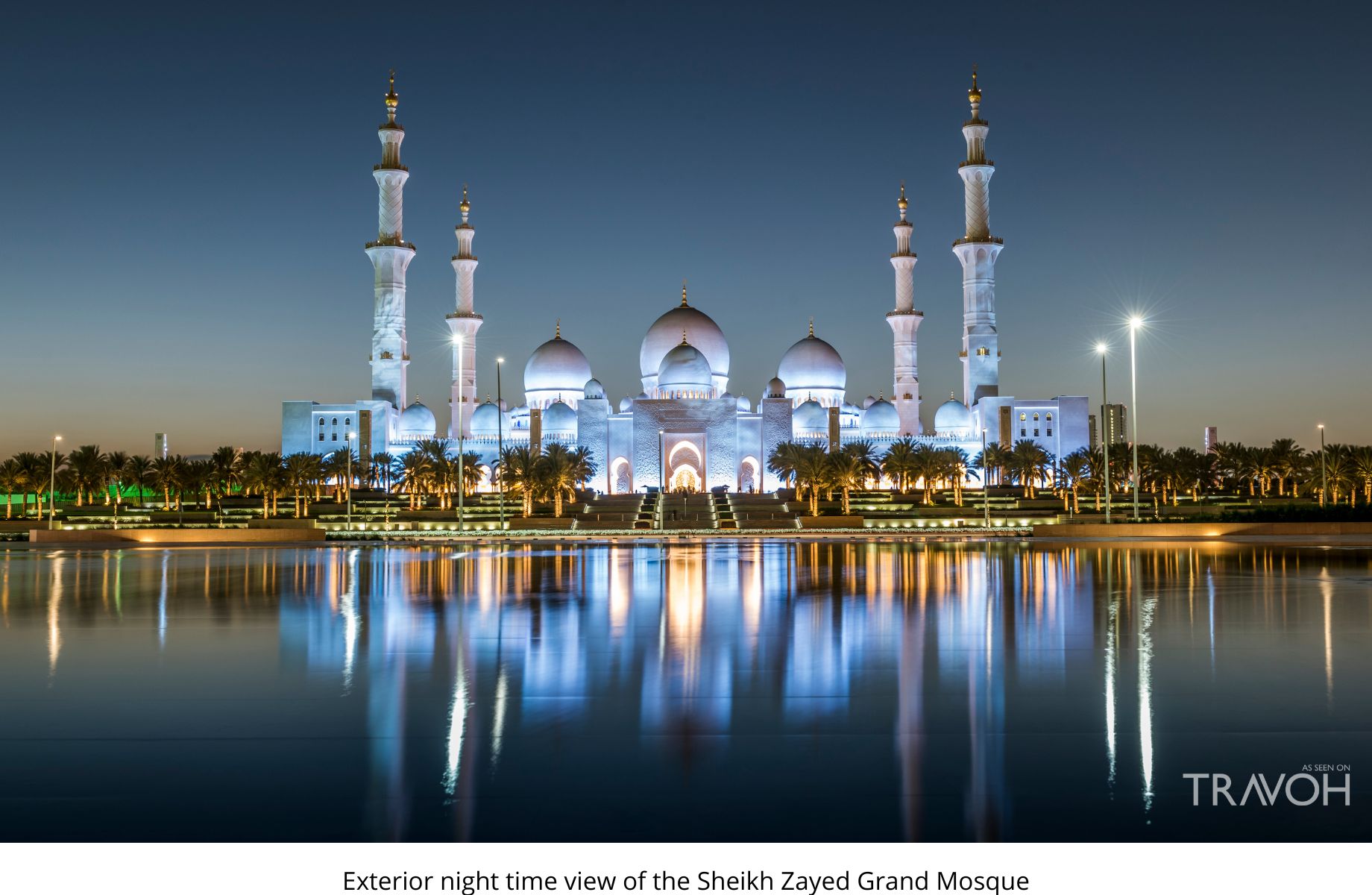 Exterior night time view of the Sheikh Zayed Grand Mosque