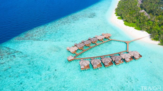 A resort on a small island in the Maldives with palm trees and turquoise waters