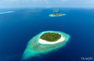 Aerial view of a Tropical island in Baa atoll, Maldives