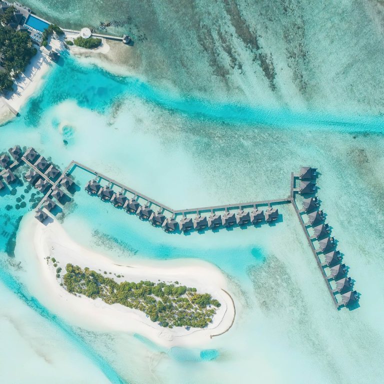 Anantara Veli Maldives Resort – South Male Atoll, Maldives – Overwater Villas Overhead Aerial