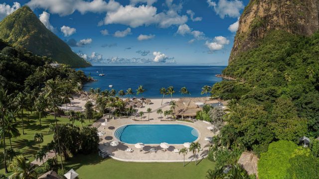Sugar Beach, A Viceroy Resort - La Baie de Silence, Saint Lucia - Resort Pool and Beach Aerial View