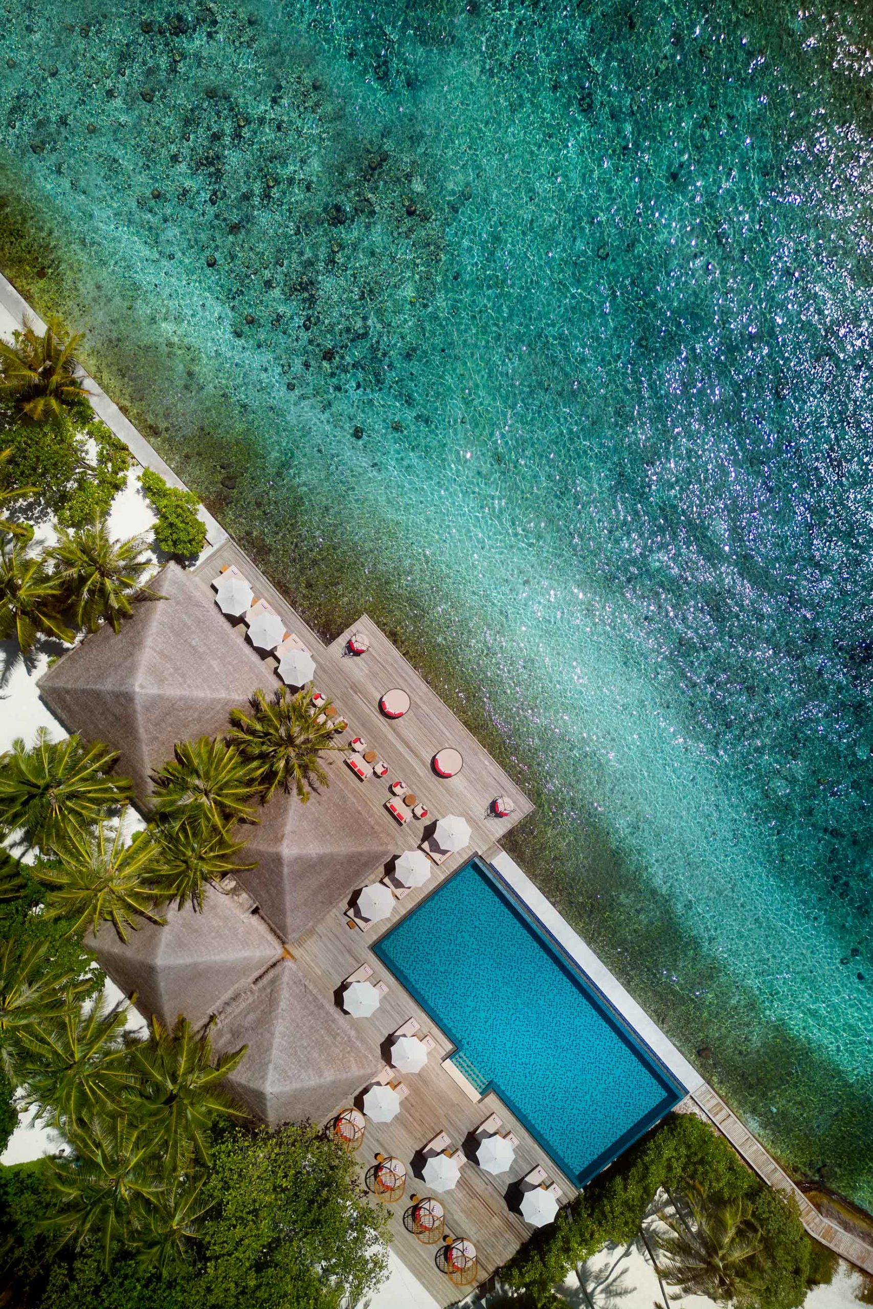 Anantara Veli Maldives Resort – South Male Atoll, Maldives – Resort Pool Overhead Aerial View