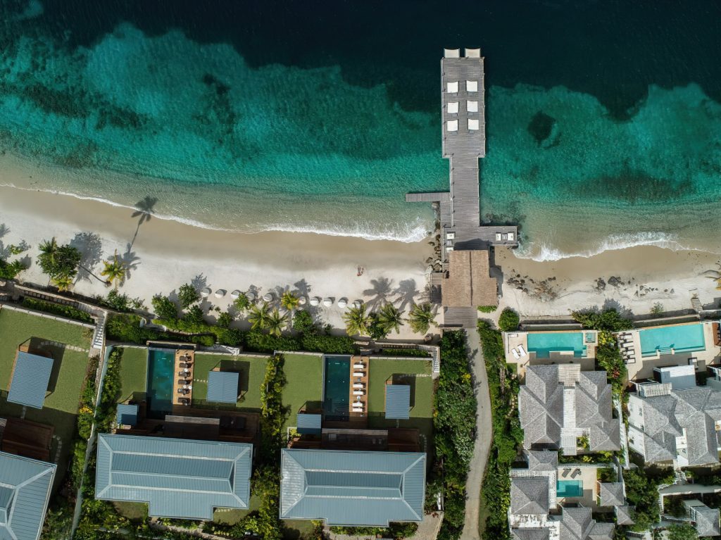 Sugar Beach, A Viceroy Resort - La Baie de Silence, Saint Lucia - South Beach Pier Overhead Aerial View