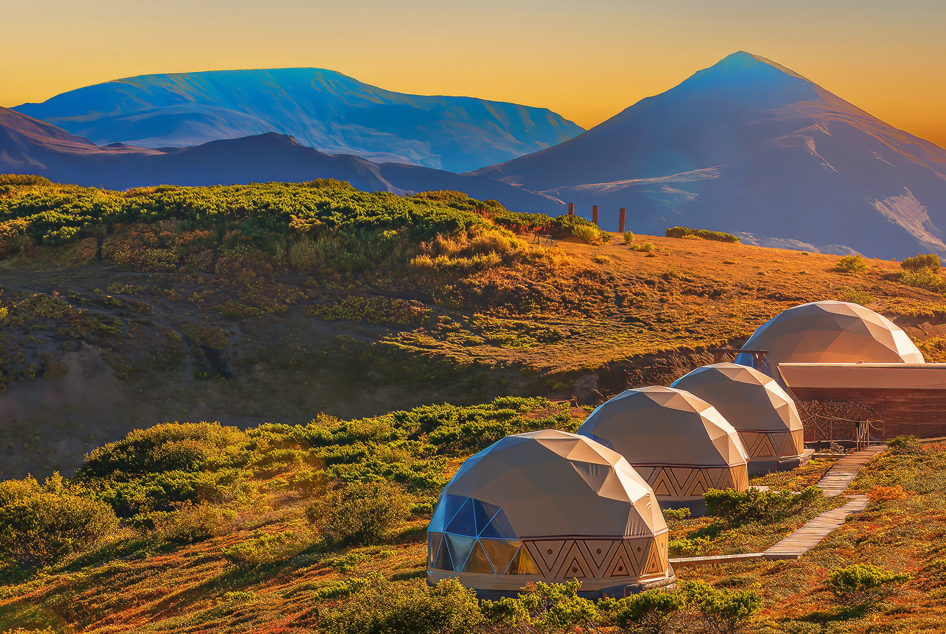 Camping On A Volcano During Sunset In Autumn On The Kamchatka Peninsula