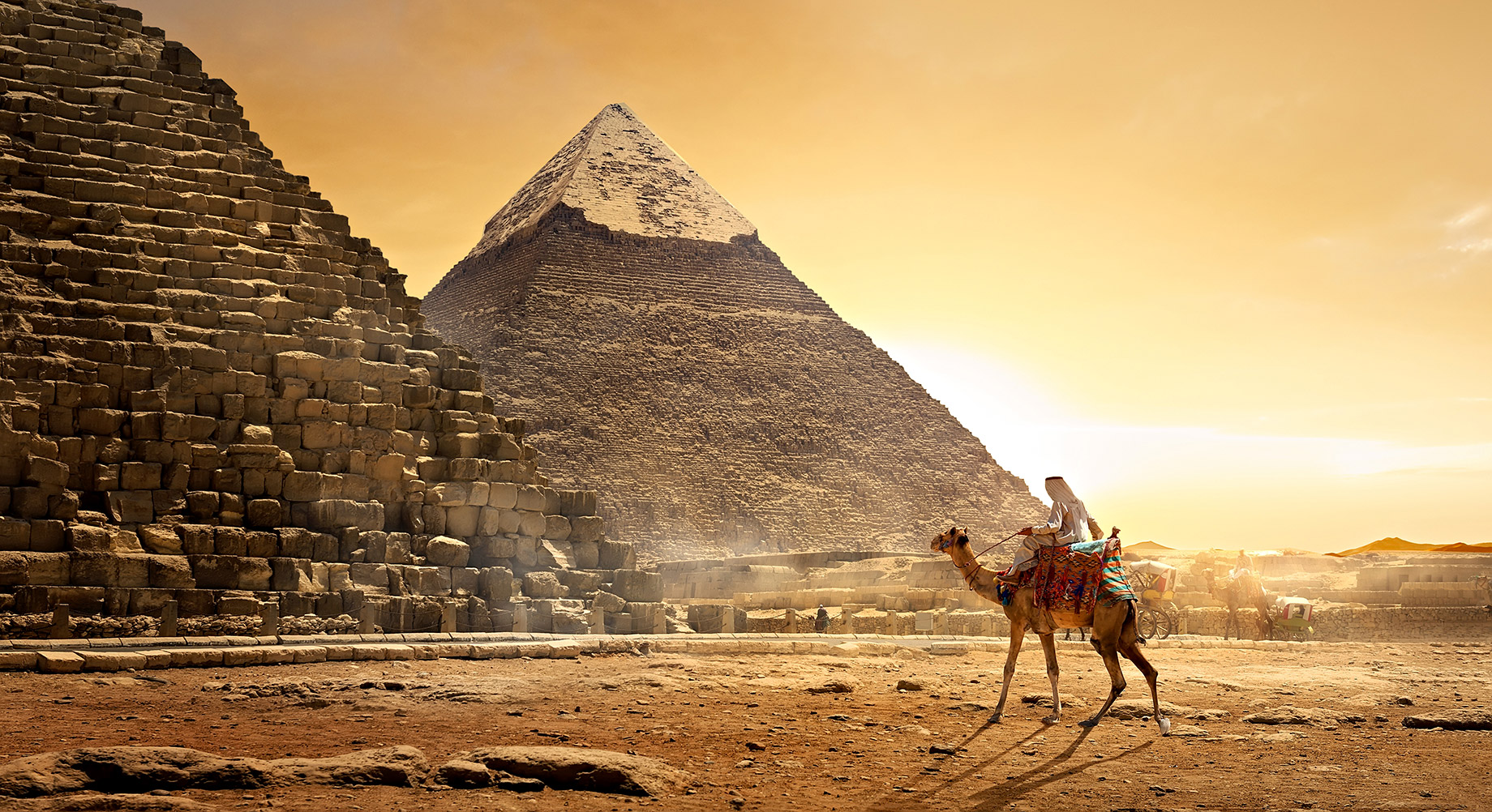 Digital Nomad Riding a Camel at The Great Pyramids of Giza, Egypt