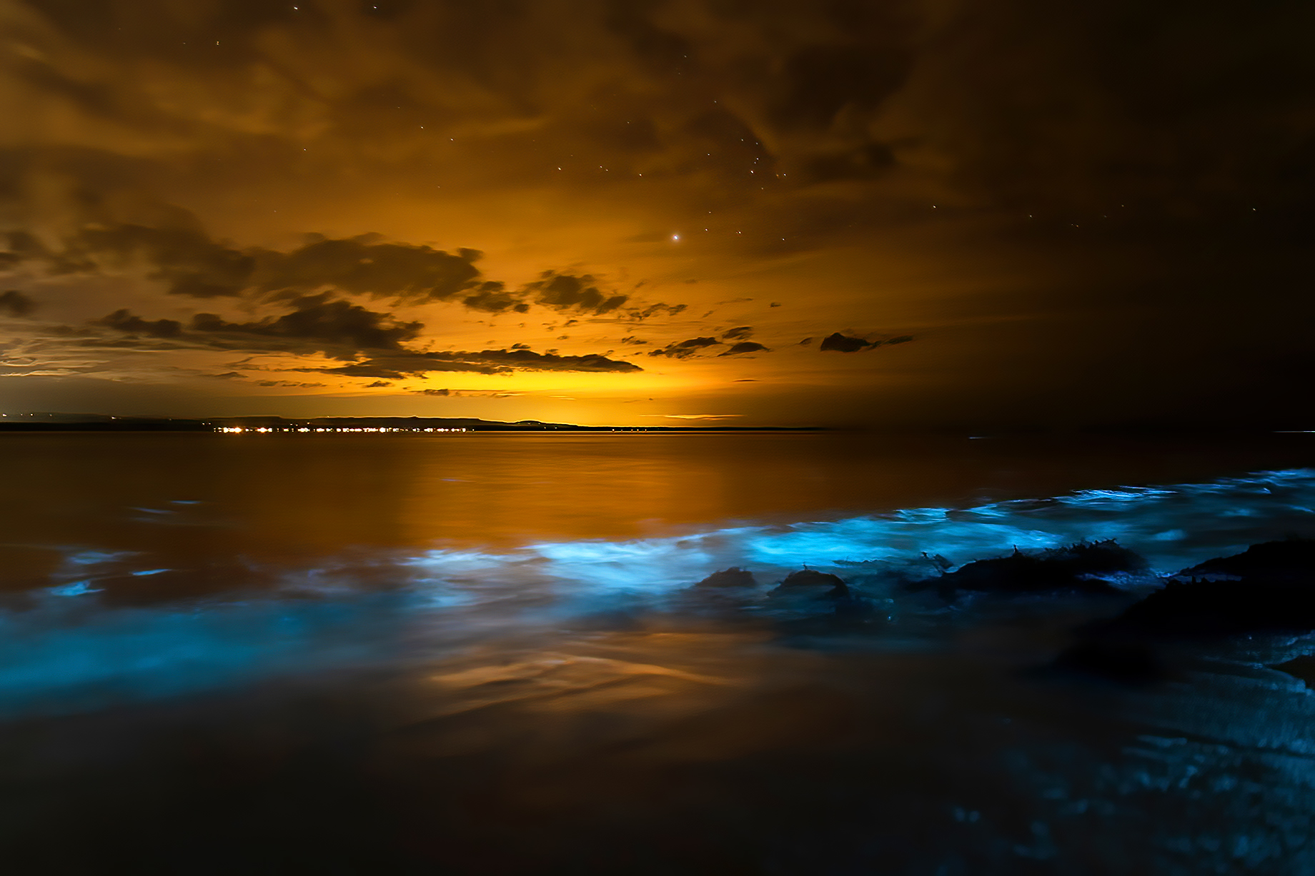 Sunset With Bioluminescent Water In Jervis Bay, Australia