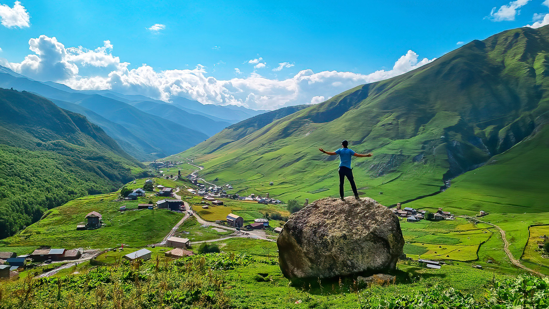 Village Ushguli, Near The Shkhara Glacier In The Greater Caucasus Mountains In Georgia, Svaneti