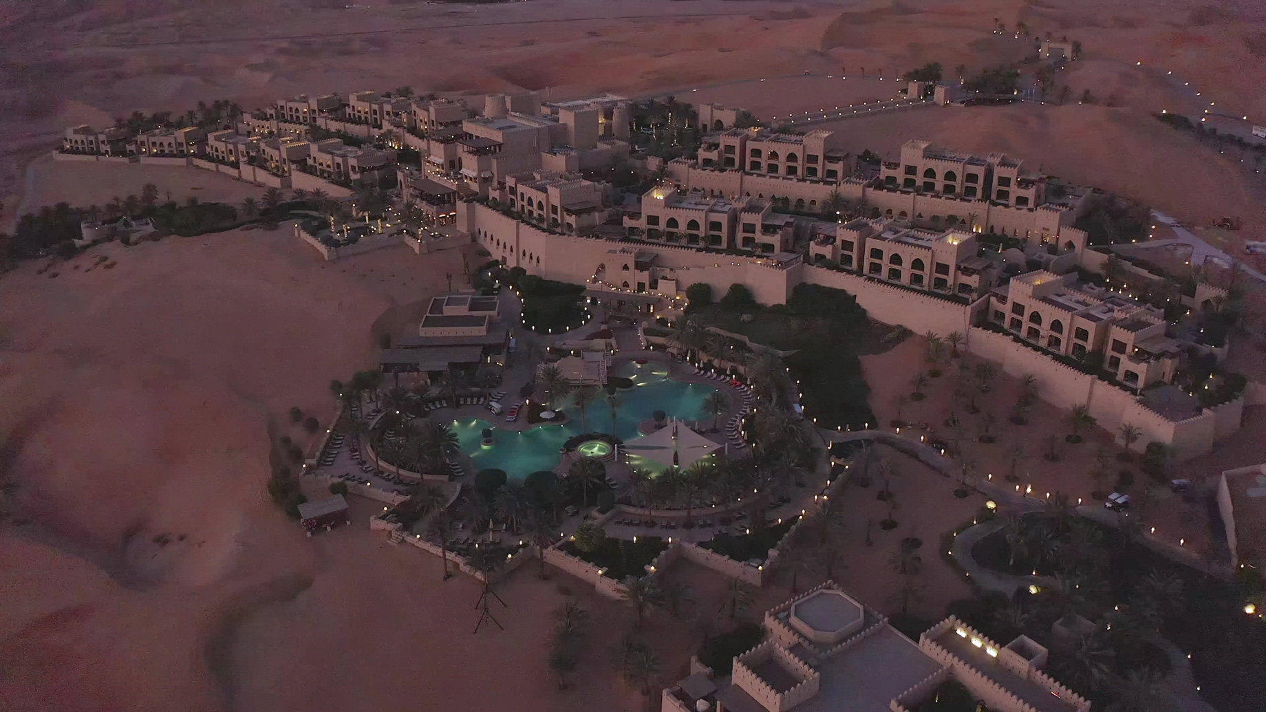 Qasr Al Sarab Desert Resort by Anantara – Abu Dhabi – United Arab Emirates – Resort Night View Aerial