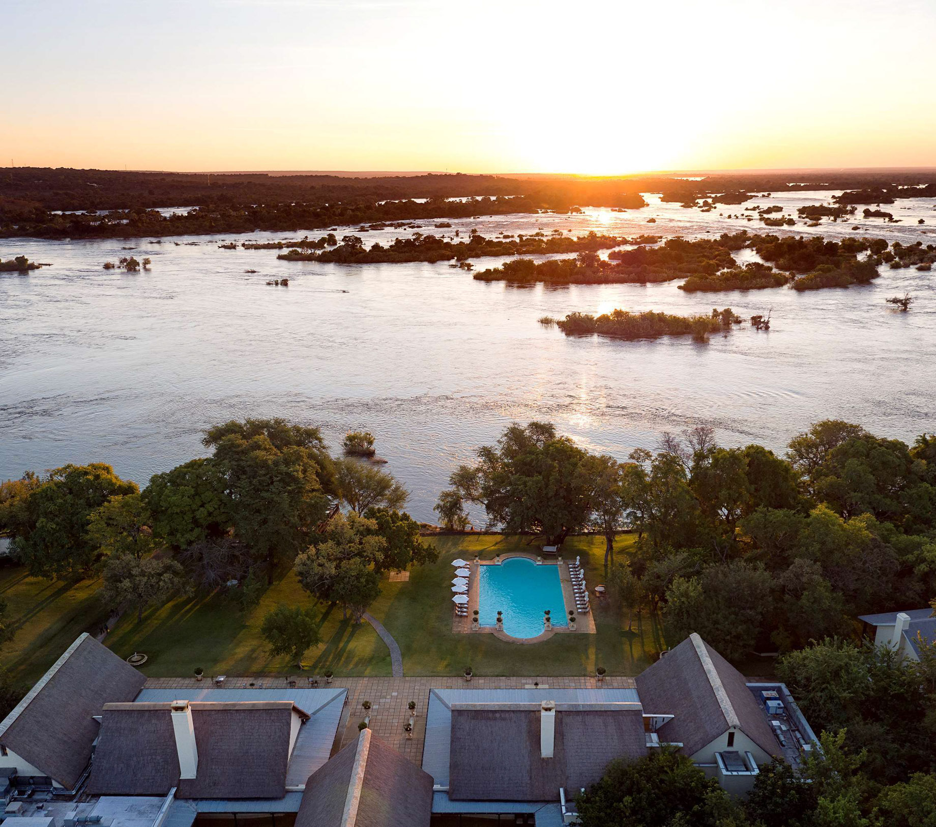 Royal Livingstone Victoria Falls Hotel by Anantara – Zambia – Resort Pool Aerial View