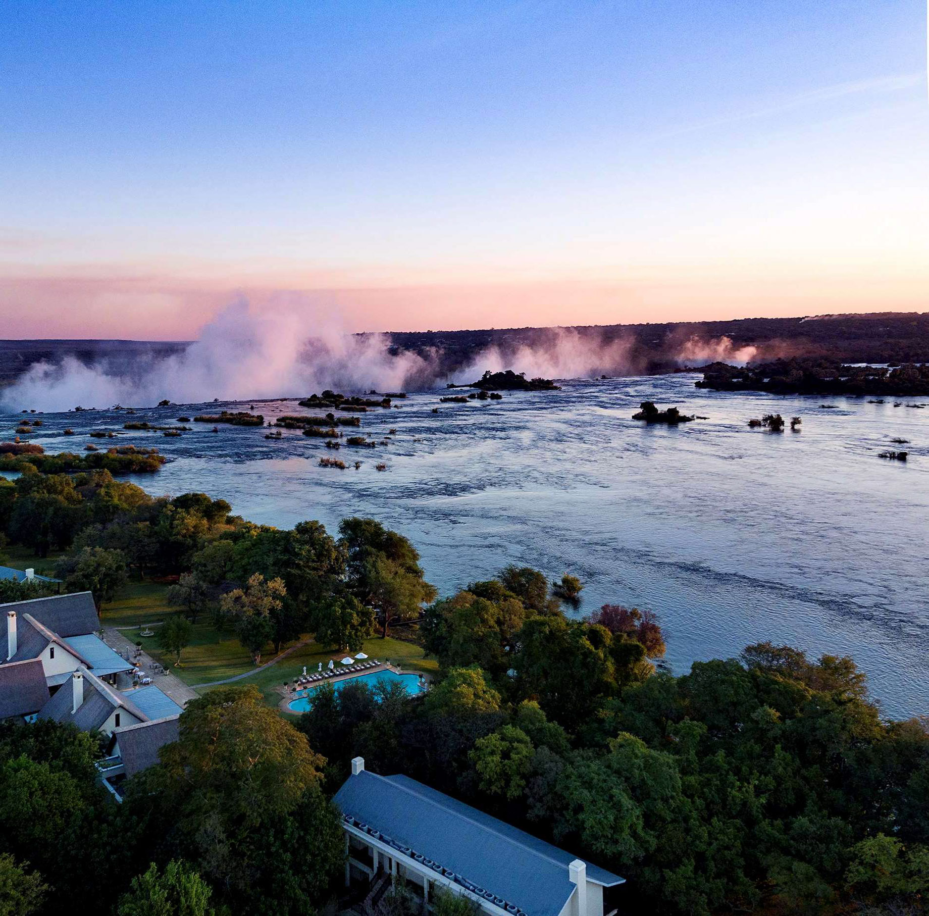 Royal Livingstone Victoria Falls Hotel by Anantara – Zambia – Resort Aerial View Sunset