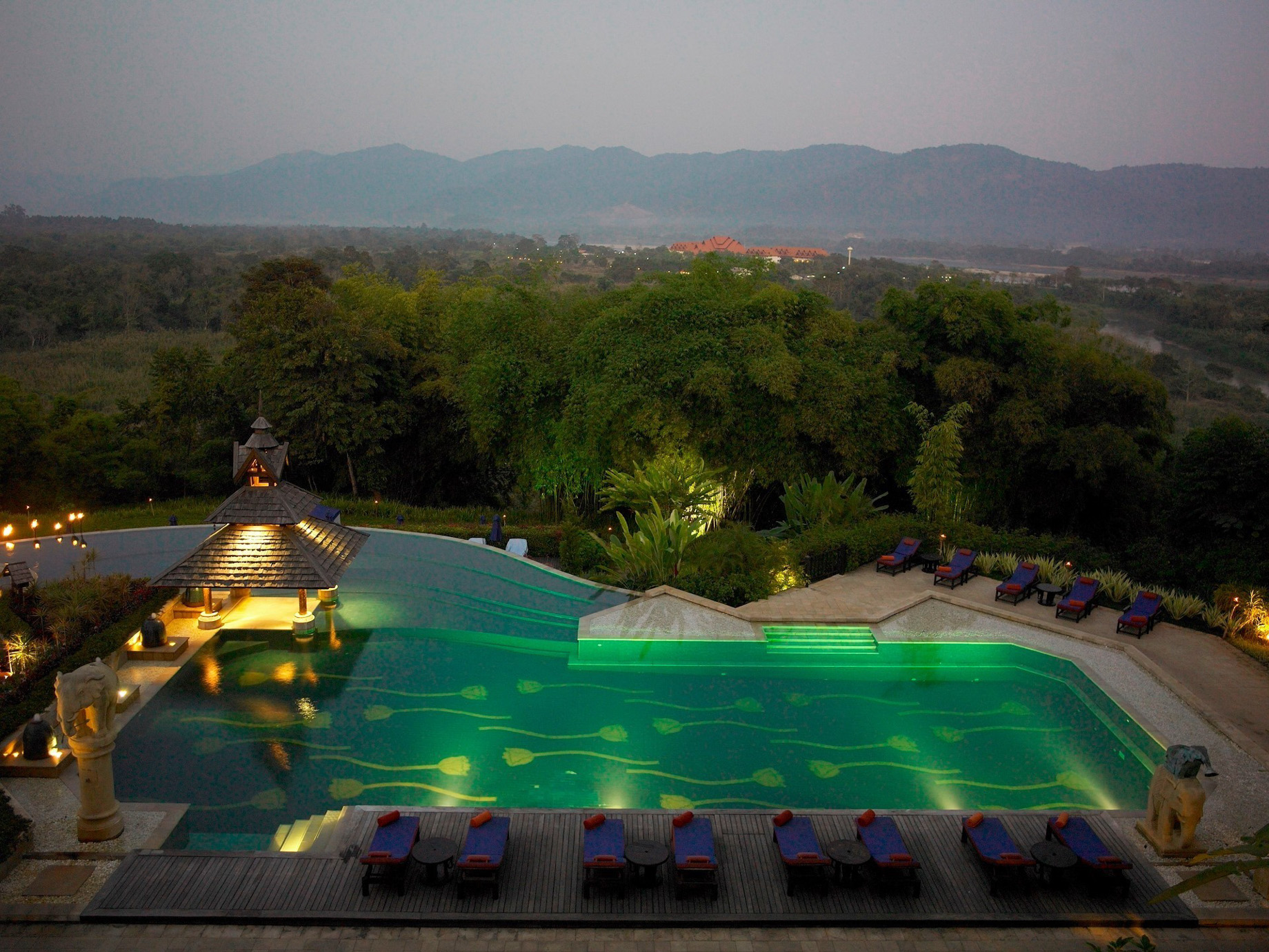 Anantara Golden Triangle Elephant Camp & Resort – Chiang Rai, Thailand – Pool Sunset Aerial