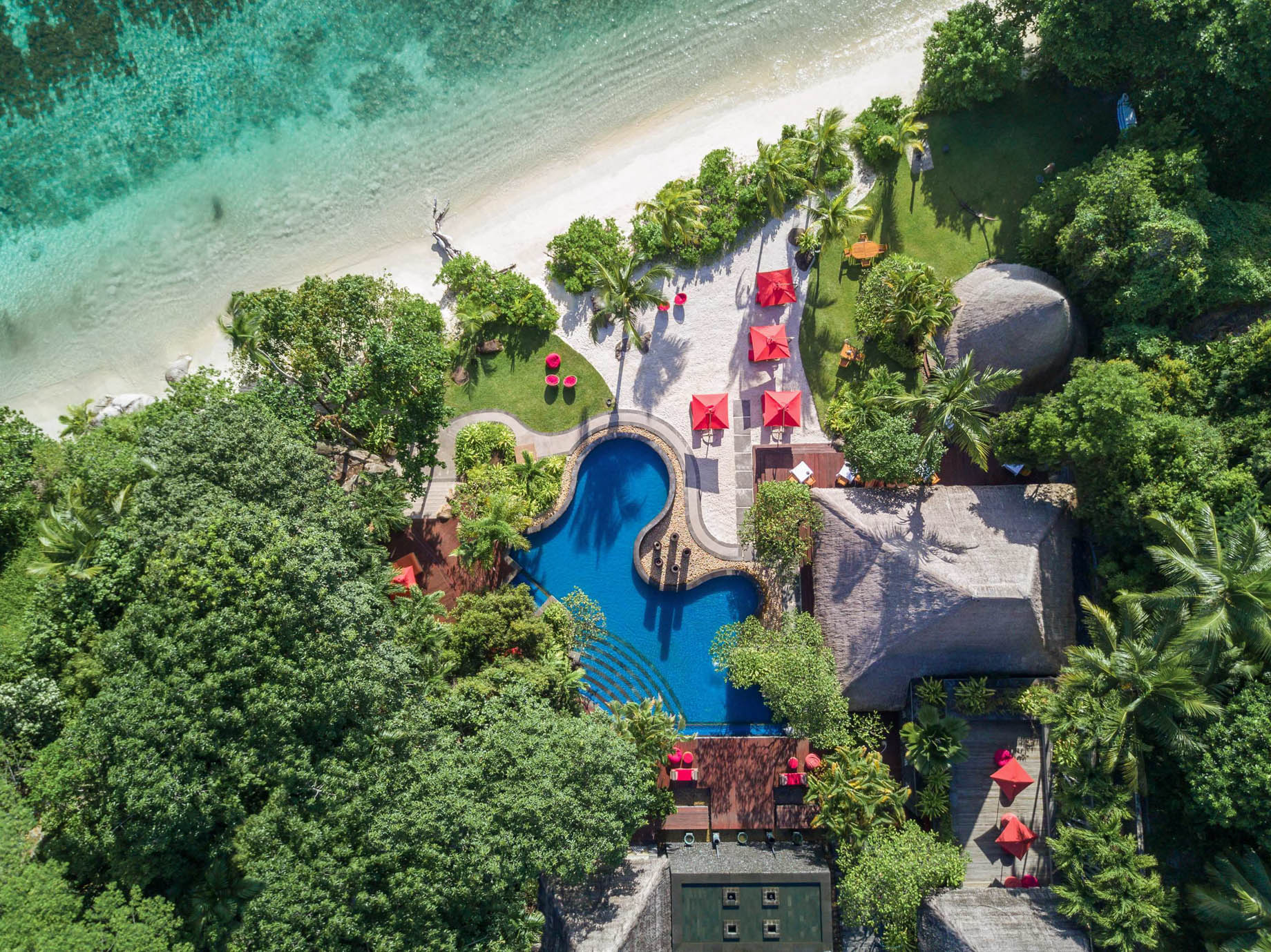 Anantara Maia Seychelles Villas – Anse Louis, Seychelles – Pool Aerial View