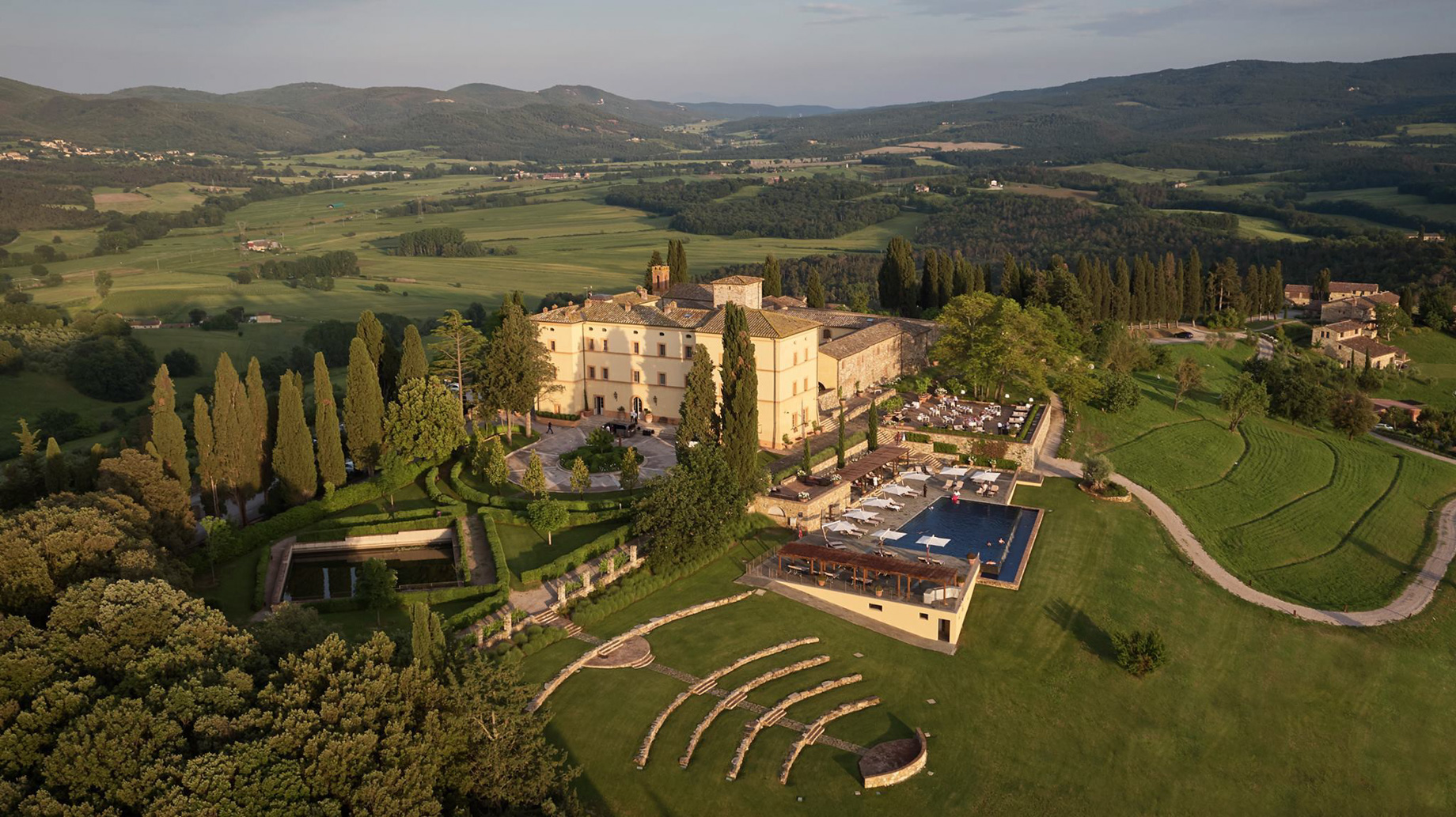 Castello di Casole, A Belmond Hotel, Tuscany – Casole d’Elsa, Italy – Aerial View