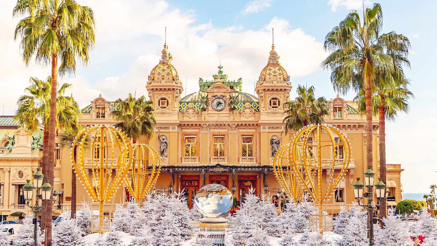 Monte Carlo Casino in Monaco, View of Grand Theatre, office of Les Ballets de Monte Carlo in Winter