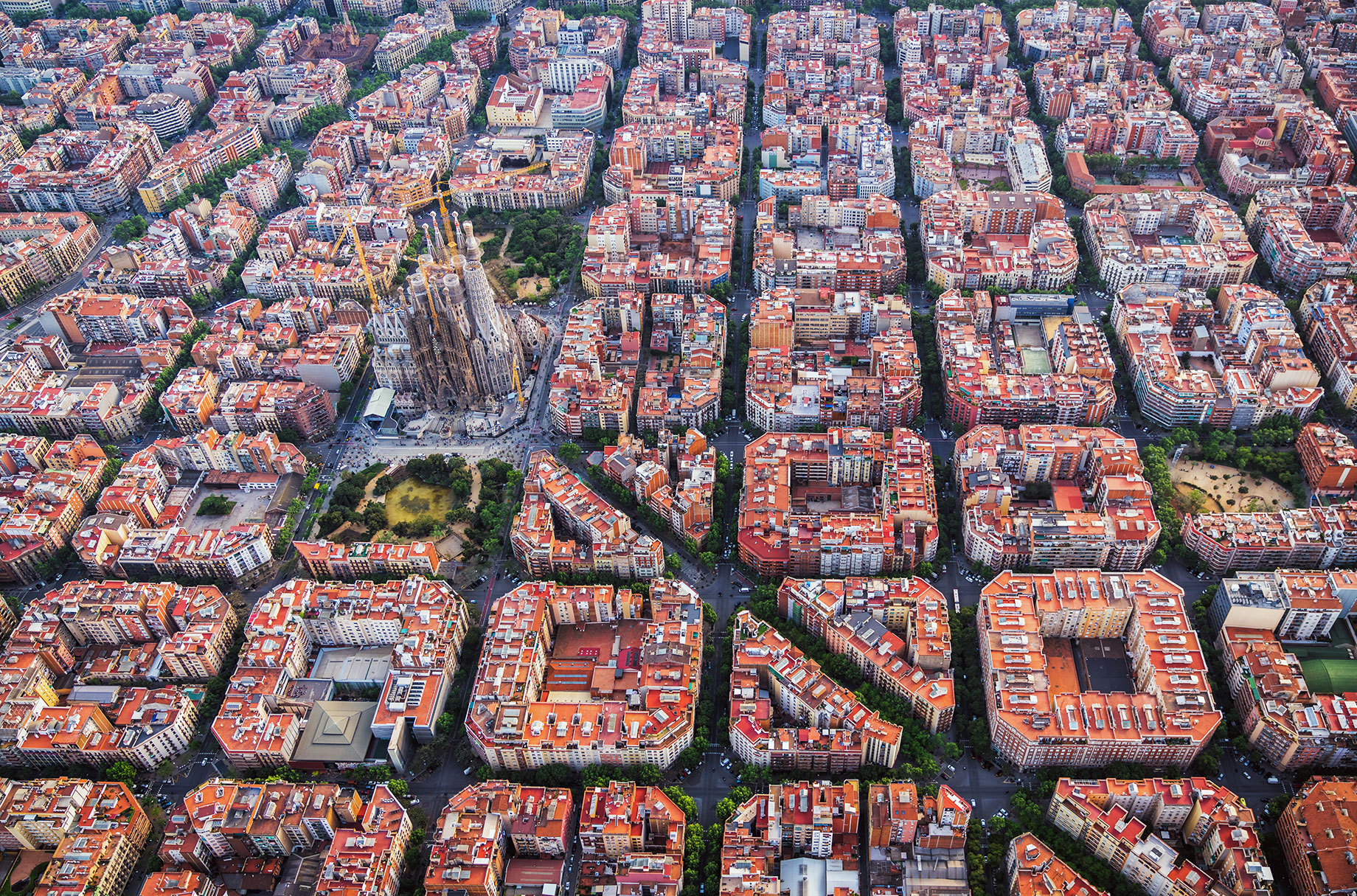 Aerial View of Eixample and Sagrada Familia in Barcelona, Spain