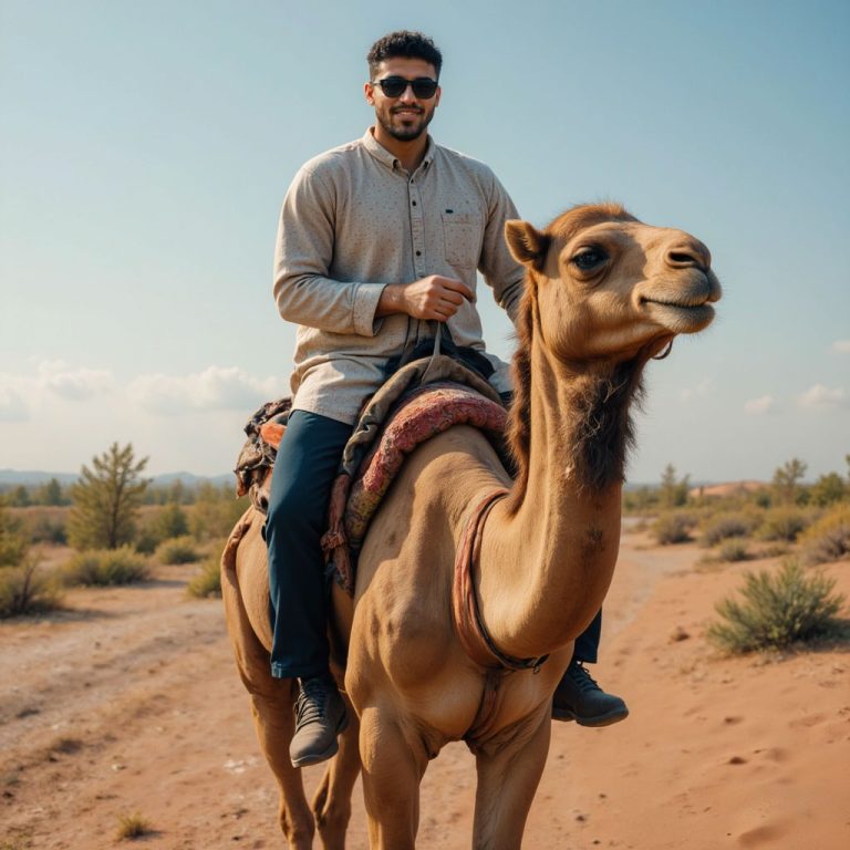 Work by Menajem Perez riding a camel through sunlit desert paths