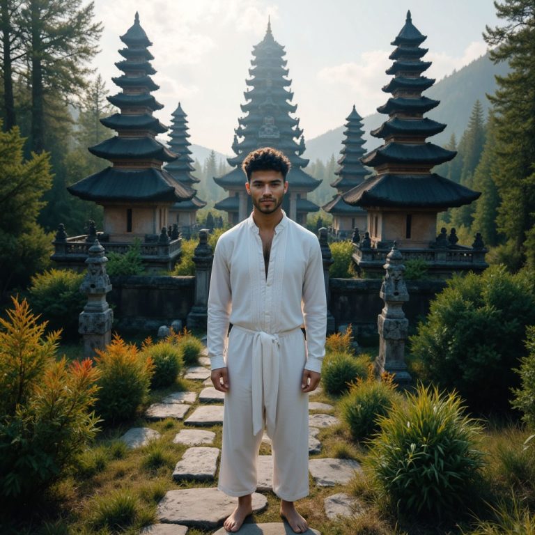 Work by Menajem Perez standing barefoot on a stone path between traditional pagodas