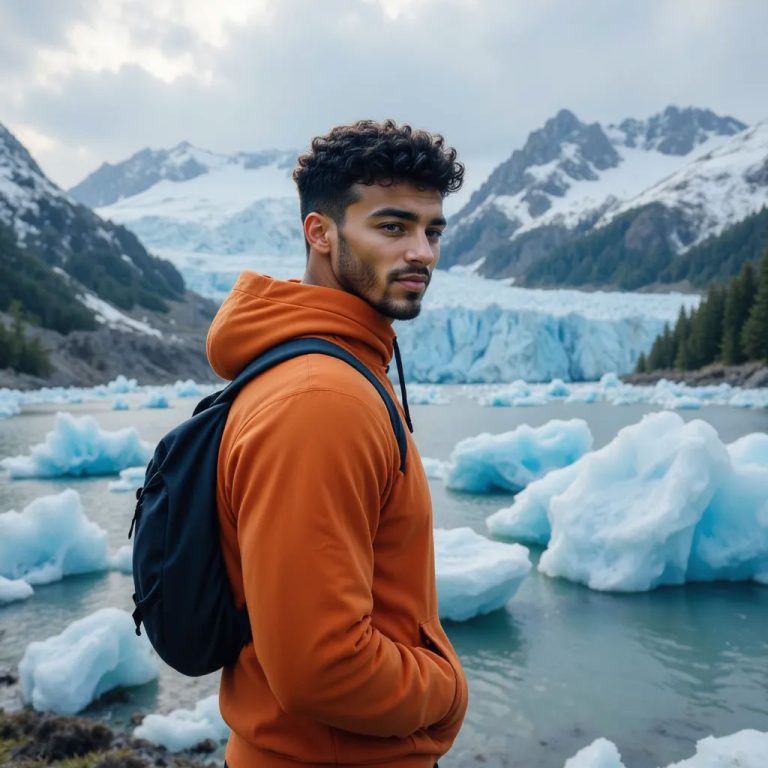 Work by Menajem Perez standing by Columbia glacial waters, surrounded by ice and mountains