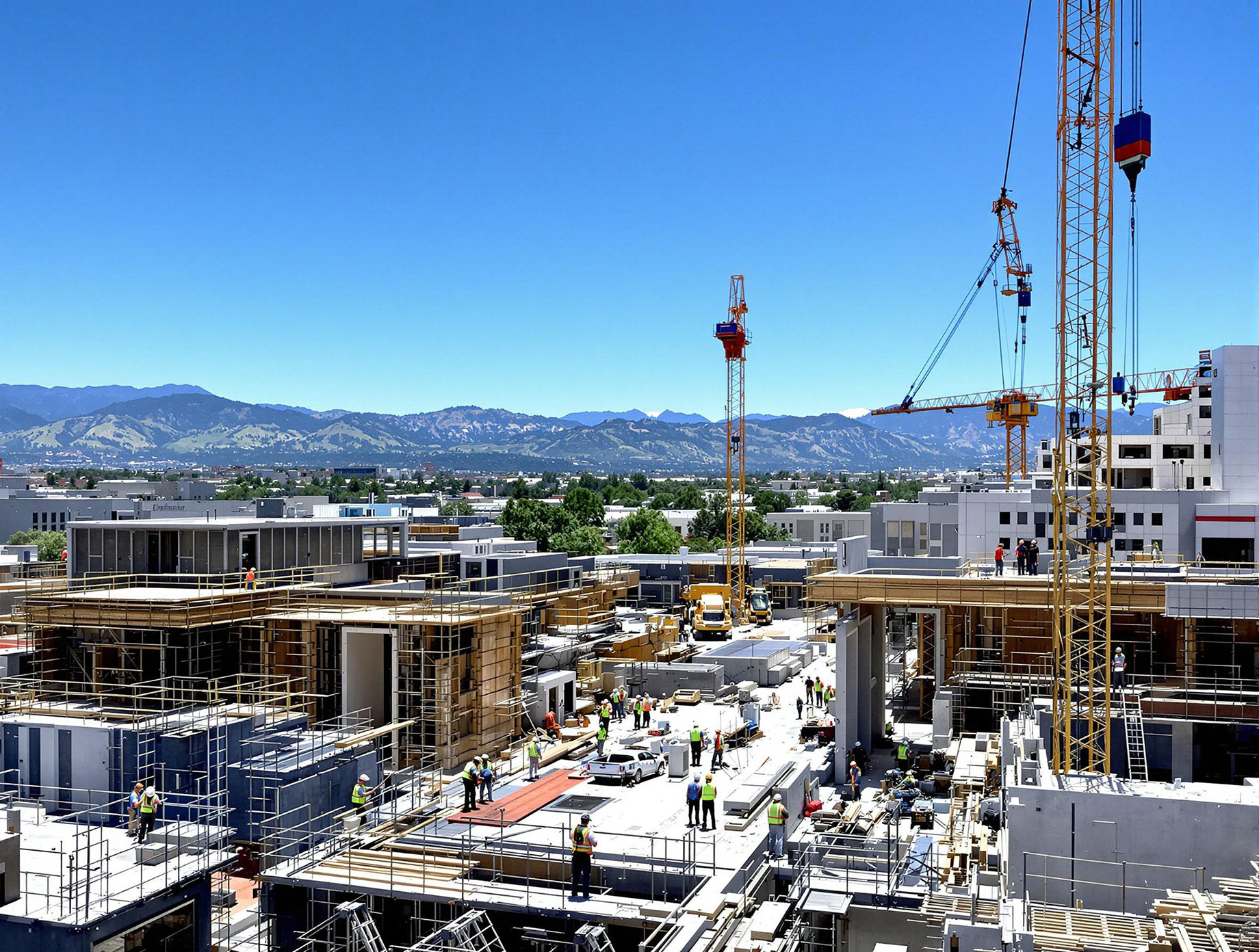 A bustling construction site in Denver, CO, featuring a blend of modern architecture and traditional craftsmanship. Construction workers are actively engaged in tasks, operating machinery, and collaborating on building structures. The site is set against the scenic backdrop of Denver, with mountains in the background and clear blue skies overhead, capturing the essence of progress and teamwork in the construction industry.