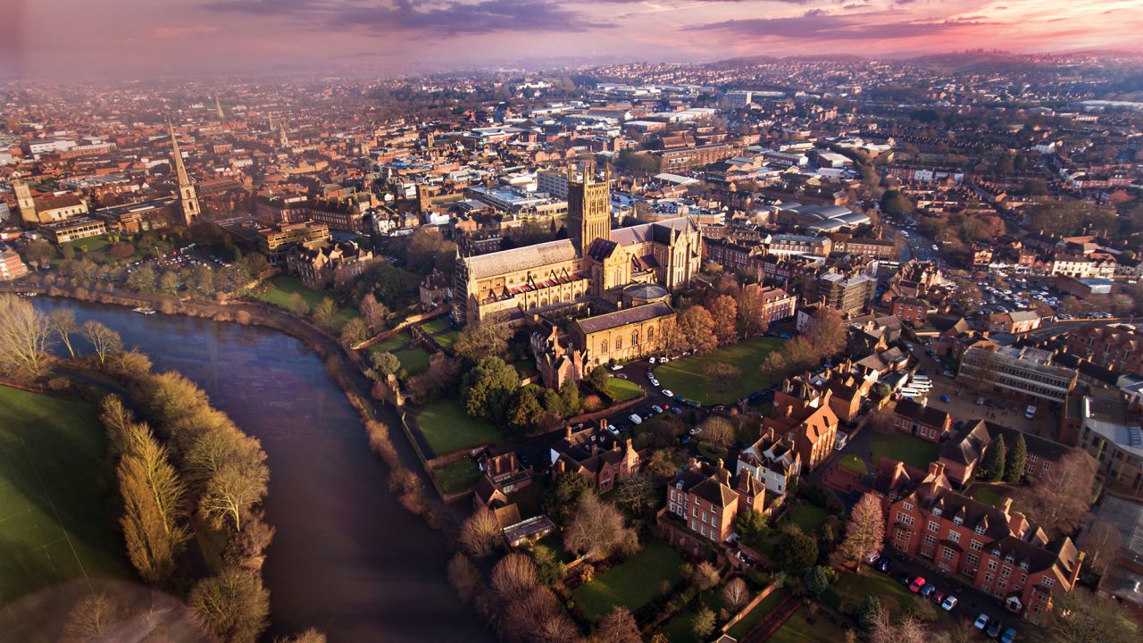 Aerial View of Worcestershire, England, UK at Sunset