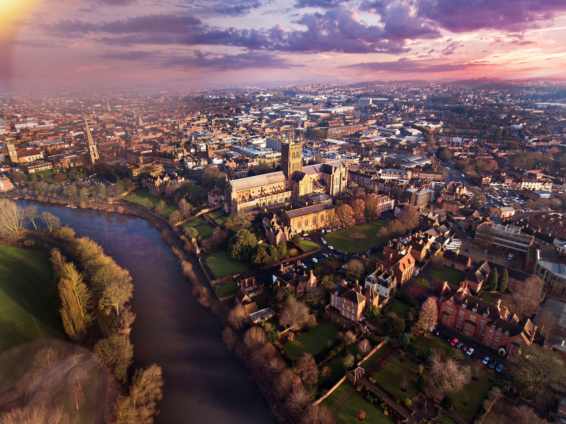 Aerial View of Worcestershire, England, UK at Sunset
