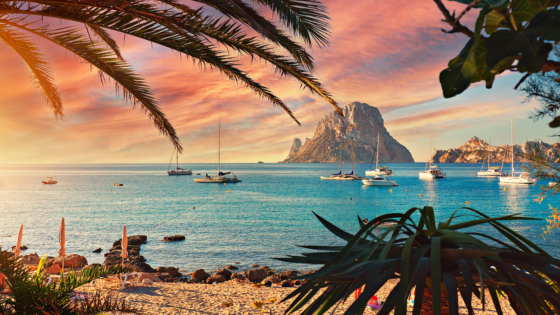 View of the Mysterious Island of Es Vedra - Cala d'Hort Beach, Ibiza, Balearic Islands, Spain