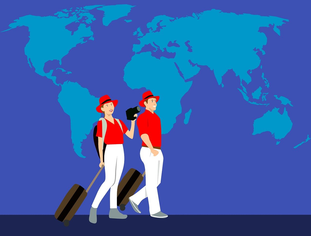 Illustration of a man and woman in red shirts and hats, pulling suitcases while walking in front of a blue world map background.