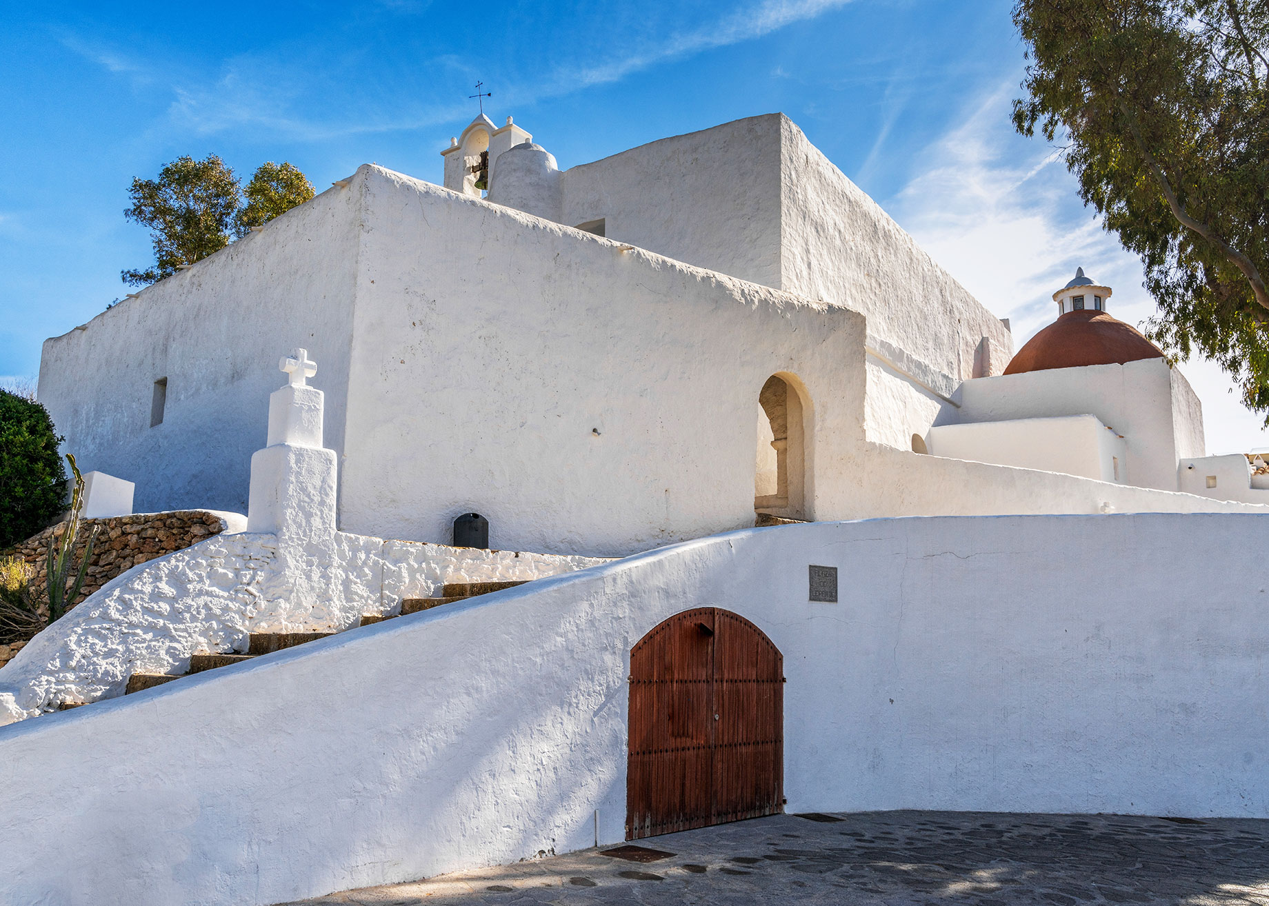 Whitewashed Church of Santa Eulalia del Riu in Puig de Missa in Northeastern Ibiza, Spain