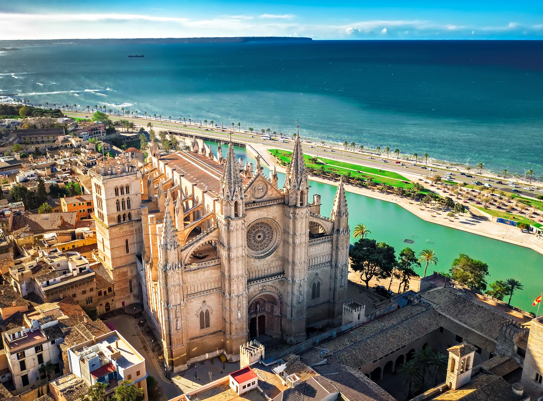 Aerial View of Cathedral in Palma de Mallorca, Balearic Islands, Spain