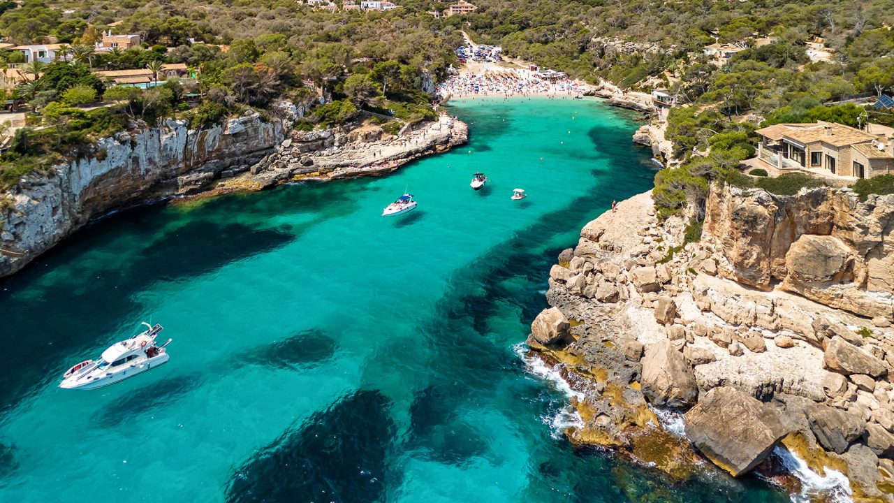 Aerial View of the Cala Llombards Beach in Mallorca, Balearic Islands, Spain