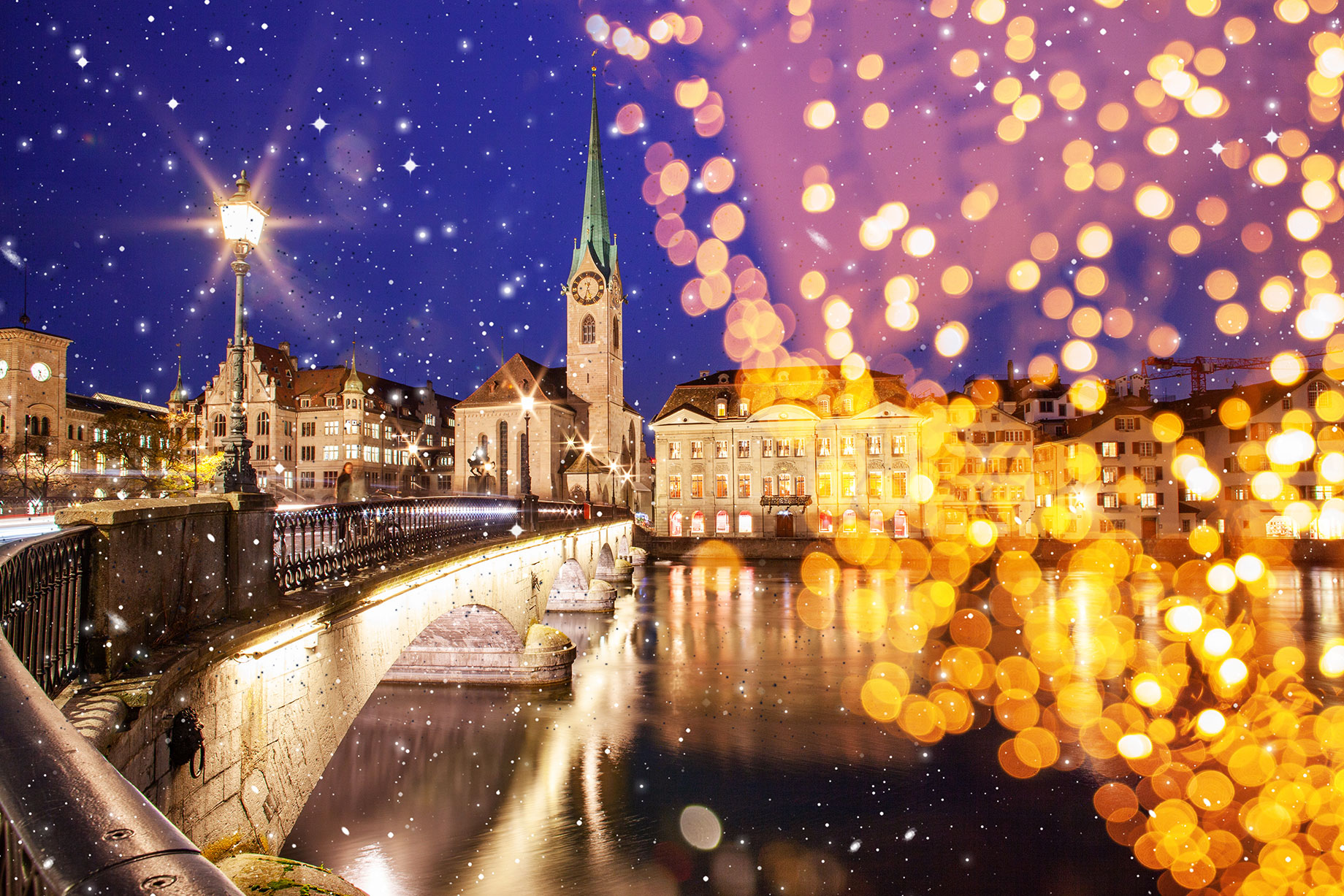 Christmas Lights Over View of Fraumunster and Grossmunster Churches and River Limmat in Zurich, Switzerland