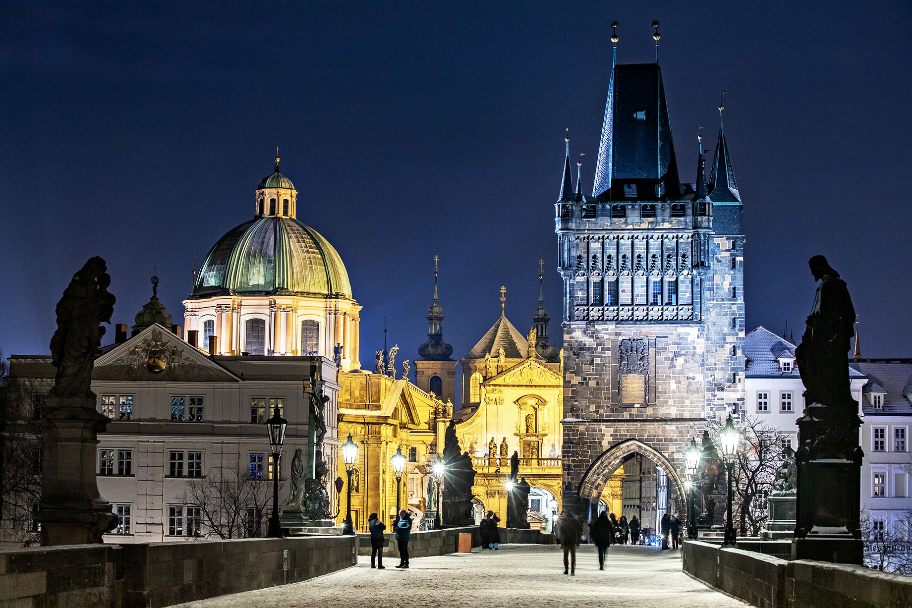 Gothic Charles Bridge with Snow in Prague, Czechia