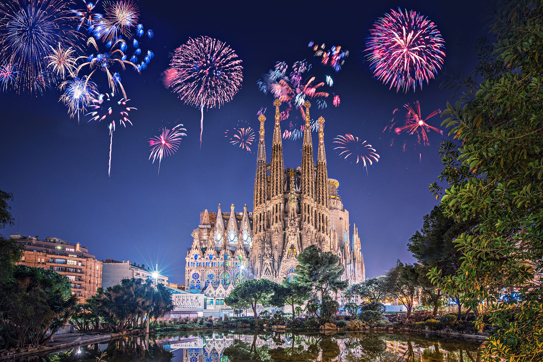 New Year's Fireworks Over the La Sagrada Familia Church in Barcelona, Spain