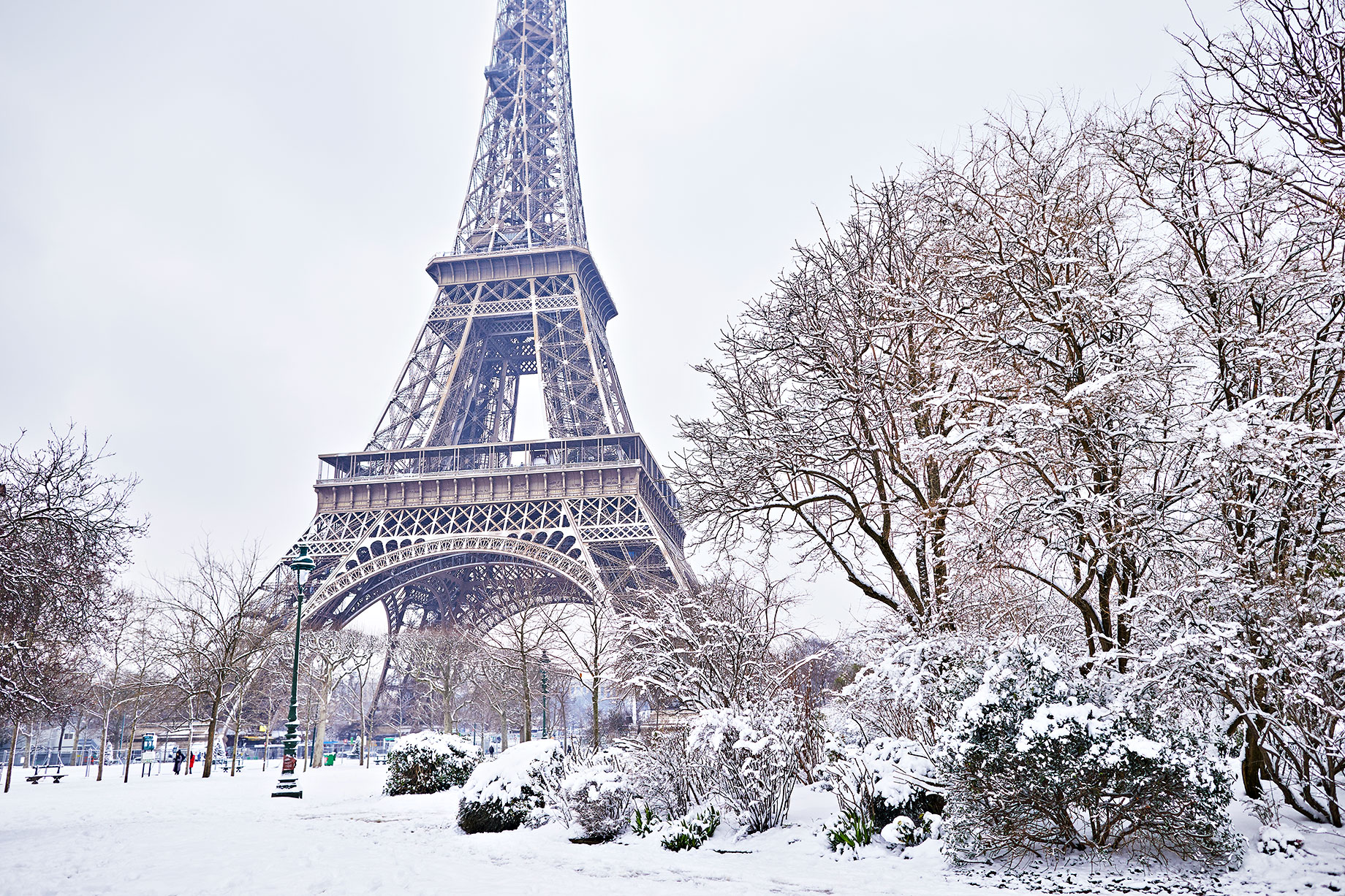 Scenic View to the Eiffel Tower on a Day with Heavy Snow in Paris, France