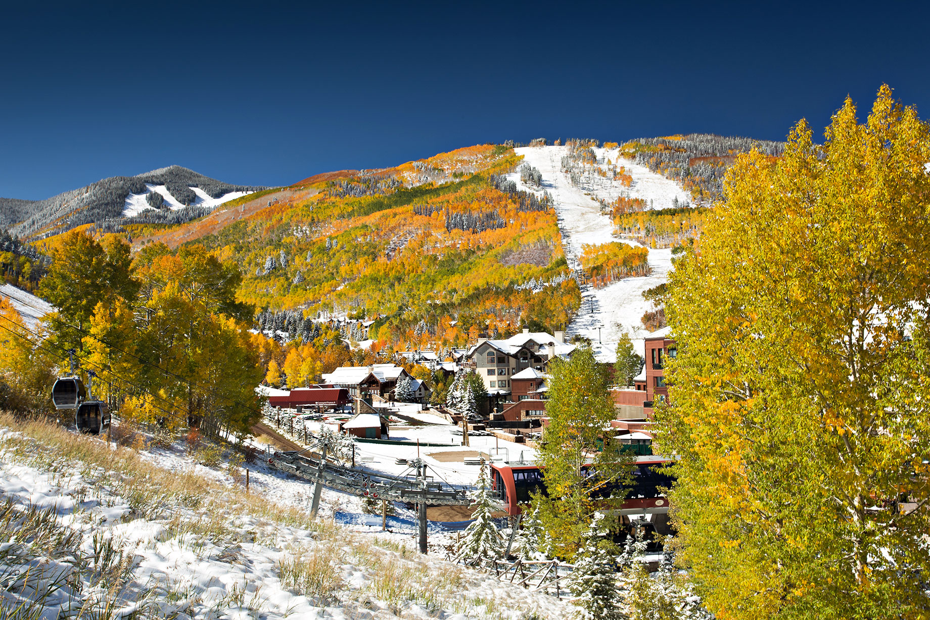 Snow on Golden Aspen Trees at Beaver Creek Resort in Colorado with Ski Slopes and Gondola