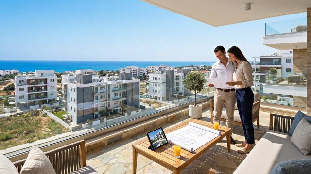 A couple standing on a modern apartment balcony in Cyprus reviewing architectural blueprints, with a view of white residential buildings and the Mediterranean Sea in the background.