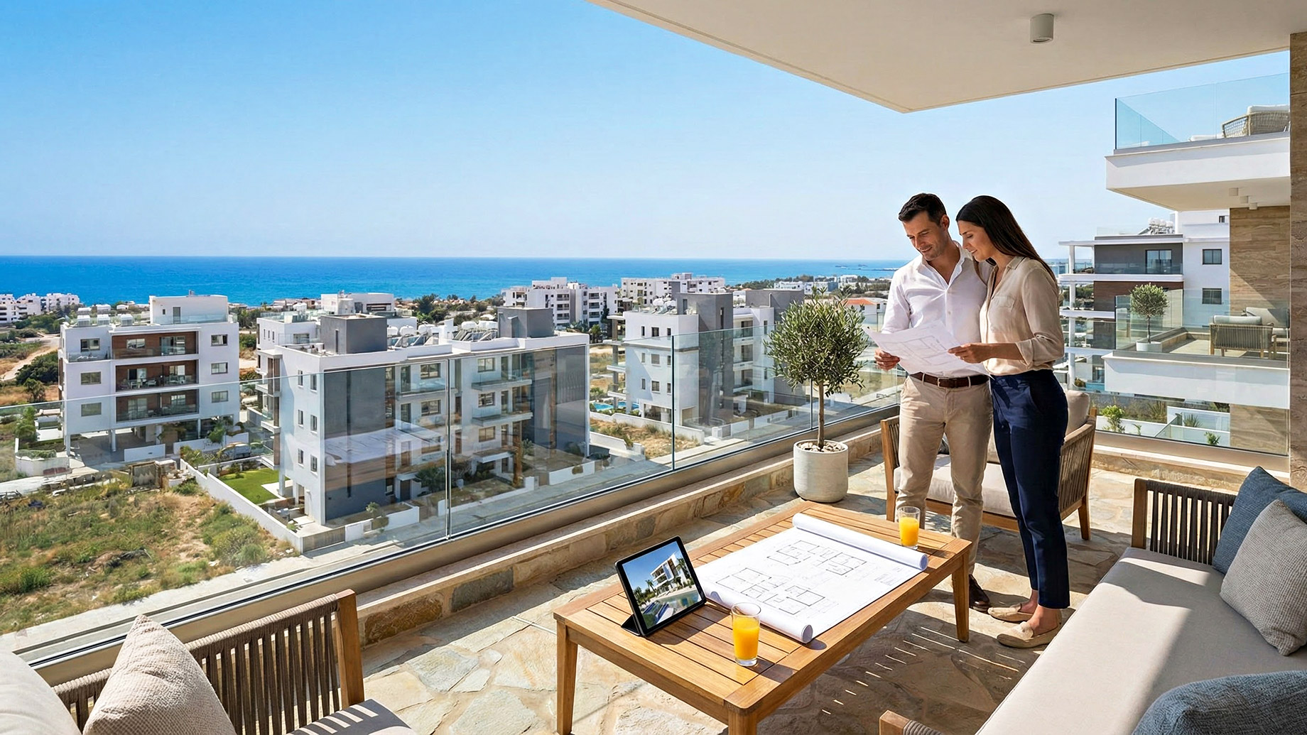 A couple standing on a modern apartment balcony in Cyprus reviewing architectural blueprints, with a view of white residential buildings and the Mediterranean Sea in the background.