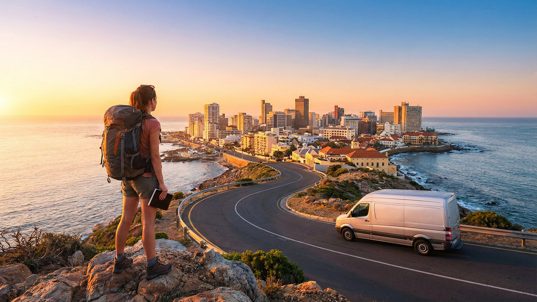 A woman with a backpack and journal stands on a rocky overlook at sunset, gazing contemplatively at a coastal city skyline while a silver moving van drives along a winding road, symbolizing the self-improvement and opportunities of relocating to a new environment.