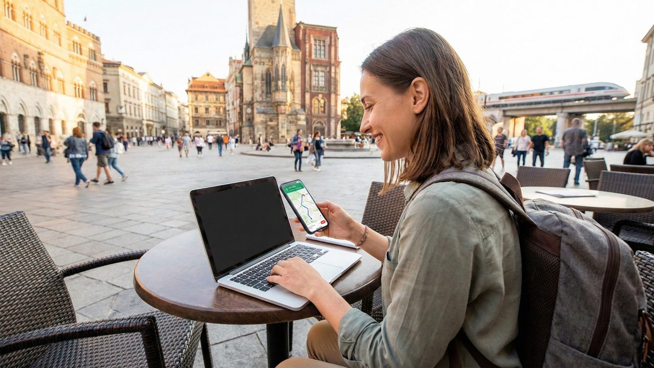 A young woman sits at an outdoor cafe table in a sunny, historic European square. She is smiling while typing on a laptop with one hand and holding a smartphone displaying a digital map in the other, illustrating the ease of working and navigating while travelling.