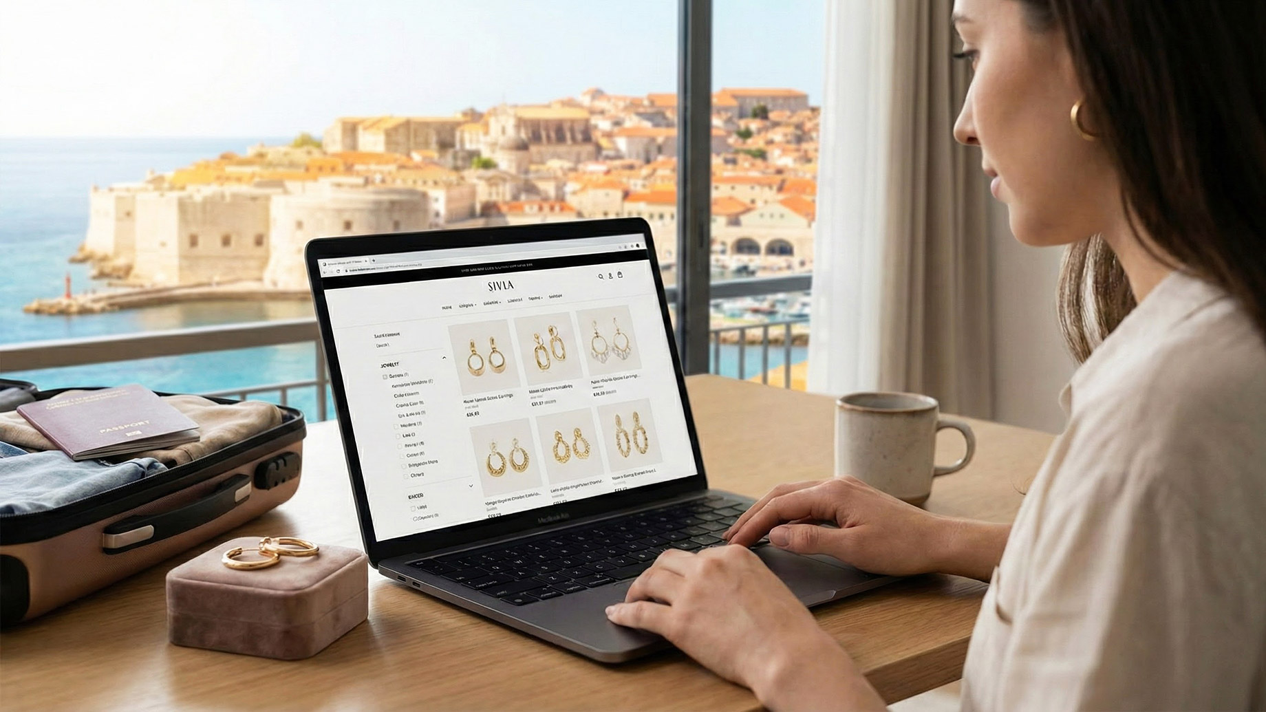 A woman sits at a wooden desk in a hotel room, using a laptop to browse the "SIVLA" online jewelry store for earrings. Next to the laptop are a velvet jewelry box with gold hoop earrings, a coffee mug, and an open suitcase packed with clothes and a passport. Through a large window, there is a panoramic view of an historic coastal city with red-roofed buildings and the sea under a sunny sky.