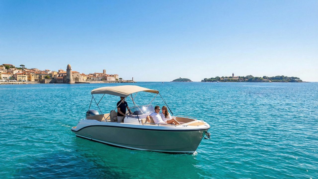 A couple relaxes on the bow of a small motorboat with a skipper at the helm, cruising on turquoise waters. In the background is the coastal town of Cannes with a prominent stone tower and an island under a clear blue sky.