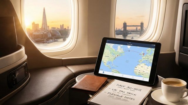 A business class passenger's tray table holds a tablet displaying a flight map from the United States to the United Kingdom, a notebook with handwritten tips like "SAVE 30-50%" and "UK TAX TRICK", a passport, and a cup of coffee, all set against a window view of the London skyline at sunset.