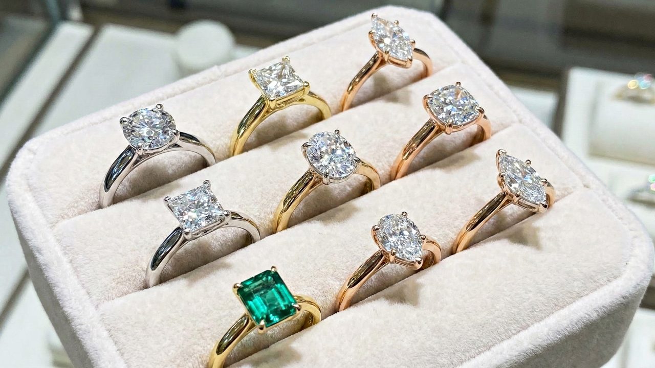 A close-up photograph of a jewelry display box lined with light beige velvet, showcasing nine engagement rings. The rings feature various diamond cuts, including round brilliant, princess, oval, marquise, and pear shapes, set in white gold, yellow gold, and rose gold bands. One ring in the foreground features a rectangular green emerald gemstone. The background is slightly blurred but suggests a jewelry store setting.