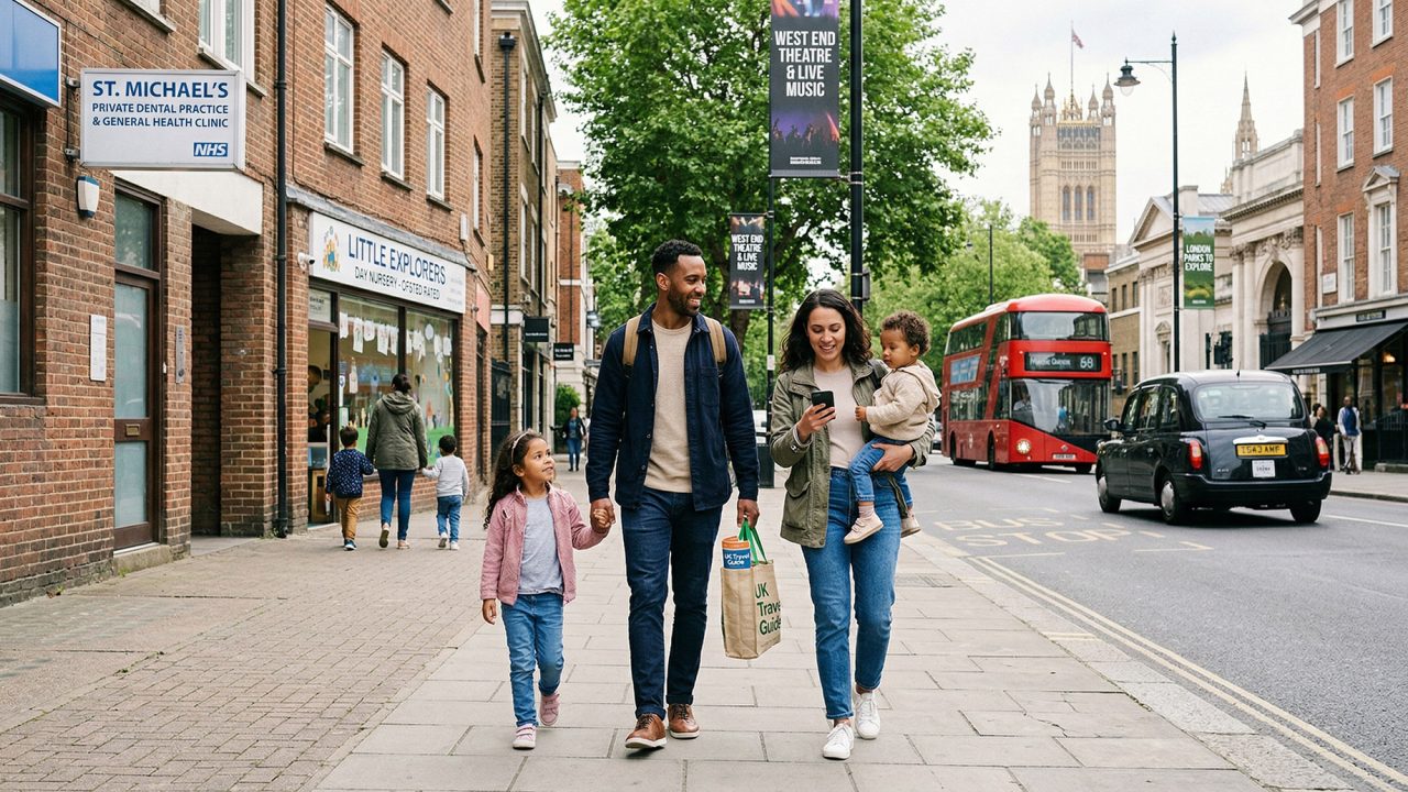A happy family of four walks down a bustling London street, passing a dental clinic and a day nursery. A classic red double-decker bus and a black cab drive by in the background.