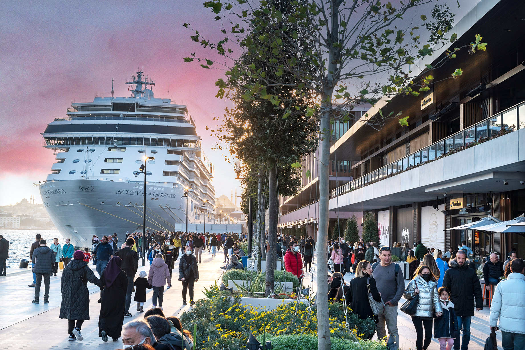 Galataport Istanbul Promenade with a Cruise Ship in Türkiye