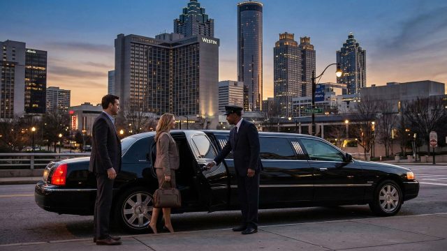 A professional chauffeur in uniform holds the back door of a black stretch limousine open for a man and woman in business attire on an Atlanta city street at dusk.