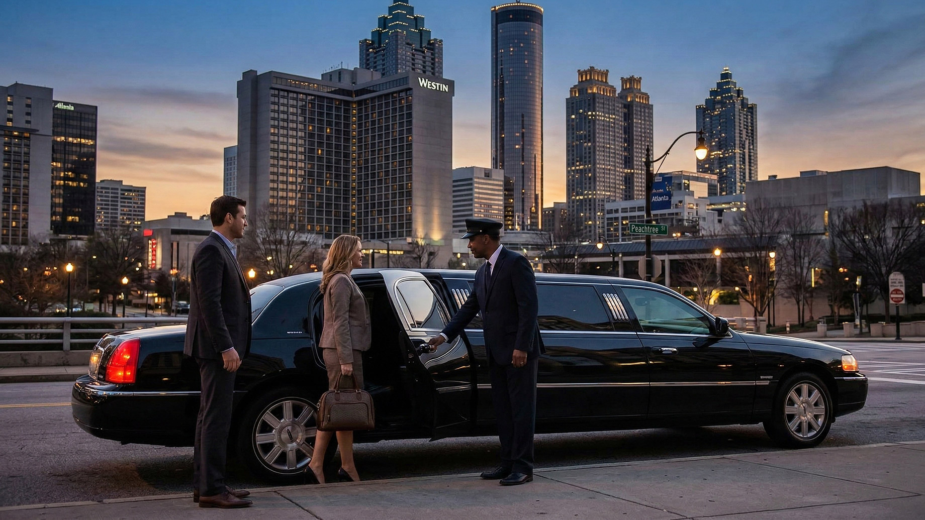 A professional chauffeur in uniform holds the back door of a black stretch limousine open for a man and woman in business attire on an Atlanta city street at dusk.