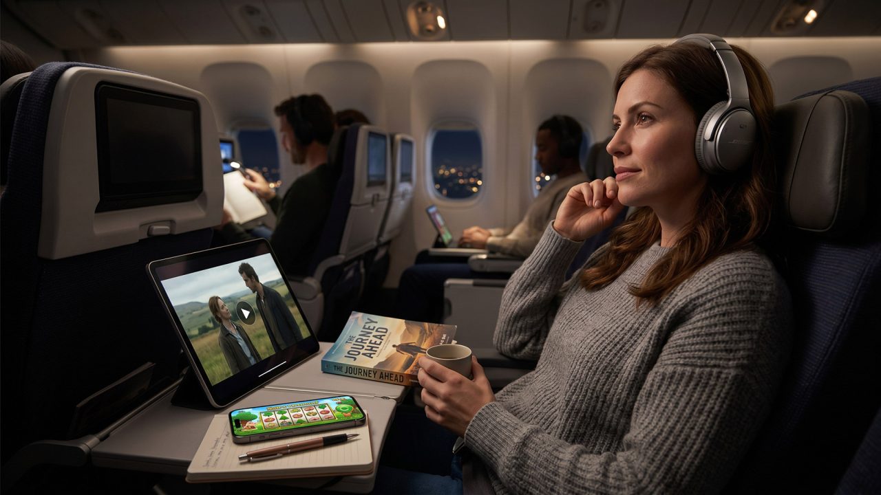 A woman with headphones sits in an airplane cabin at night, looking thoughtfully aside. Her tray table holds a tablet playing a movie, a book, and a smartphone displaying a mobile game. Other passengers are in the background.