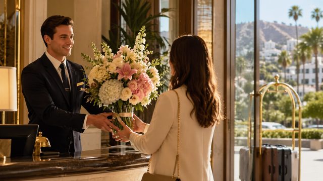 Hotel concierge handing a fresh floral arrangement to a guest in an upscale Los Angeles hotel lobby.